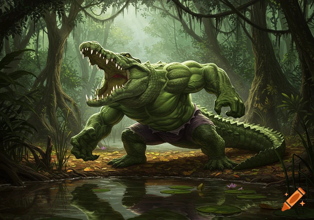 A muscular, green humanoid crocodile roaring in a dense, misty jungle with a pond in the foreground, digital painting style.