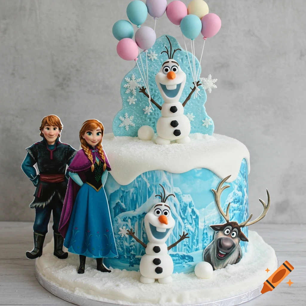 A multi-tiered Frozen-themed birthday cake with Olaf holding balloons, and characters Anna, Kristoff, and Sven around the base.