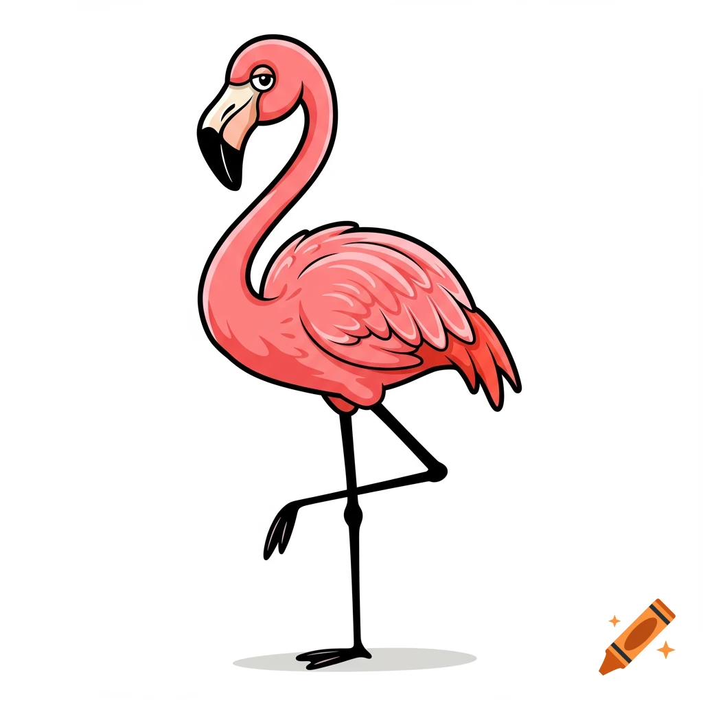 Cartoon illustration of a pink flamingo standing on one leg against a white background.