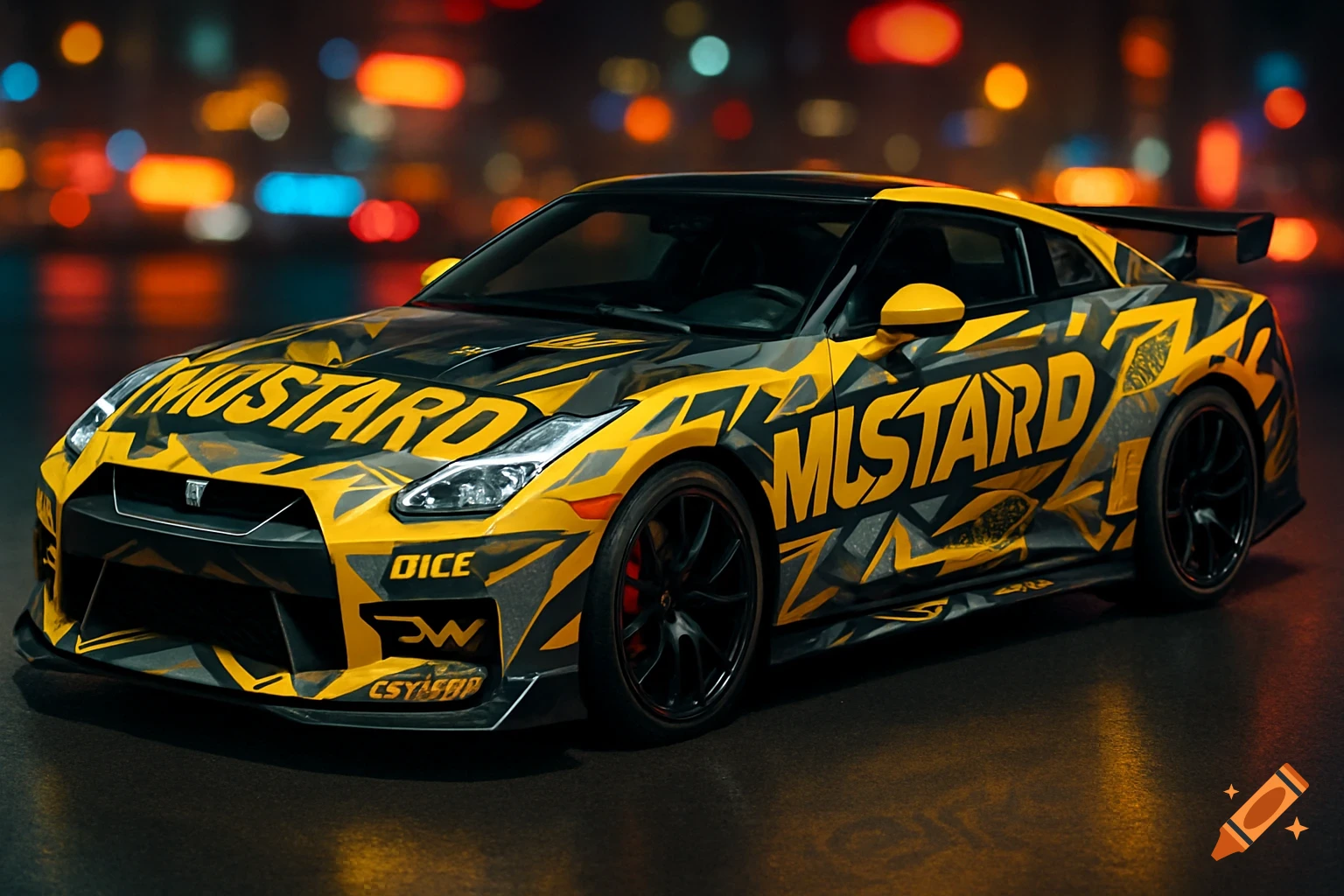 A yellow and black custom-painted Nissan GTR R35 sports car with the word "MUSTARD" emblazoned on its hood and side, parked on a street at night with blurred city lights in the background.
