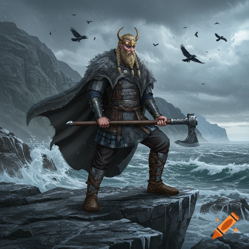 A strong Viking king with an axe stands on a rocky cliff by a stormy sea, ravens fly under a cloudy sky. Digital painting.