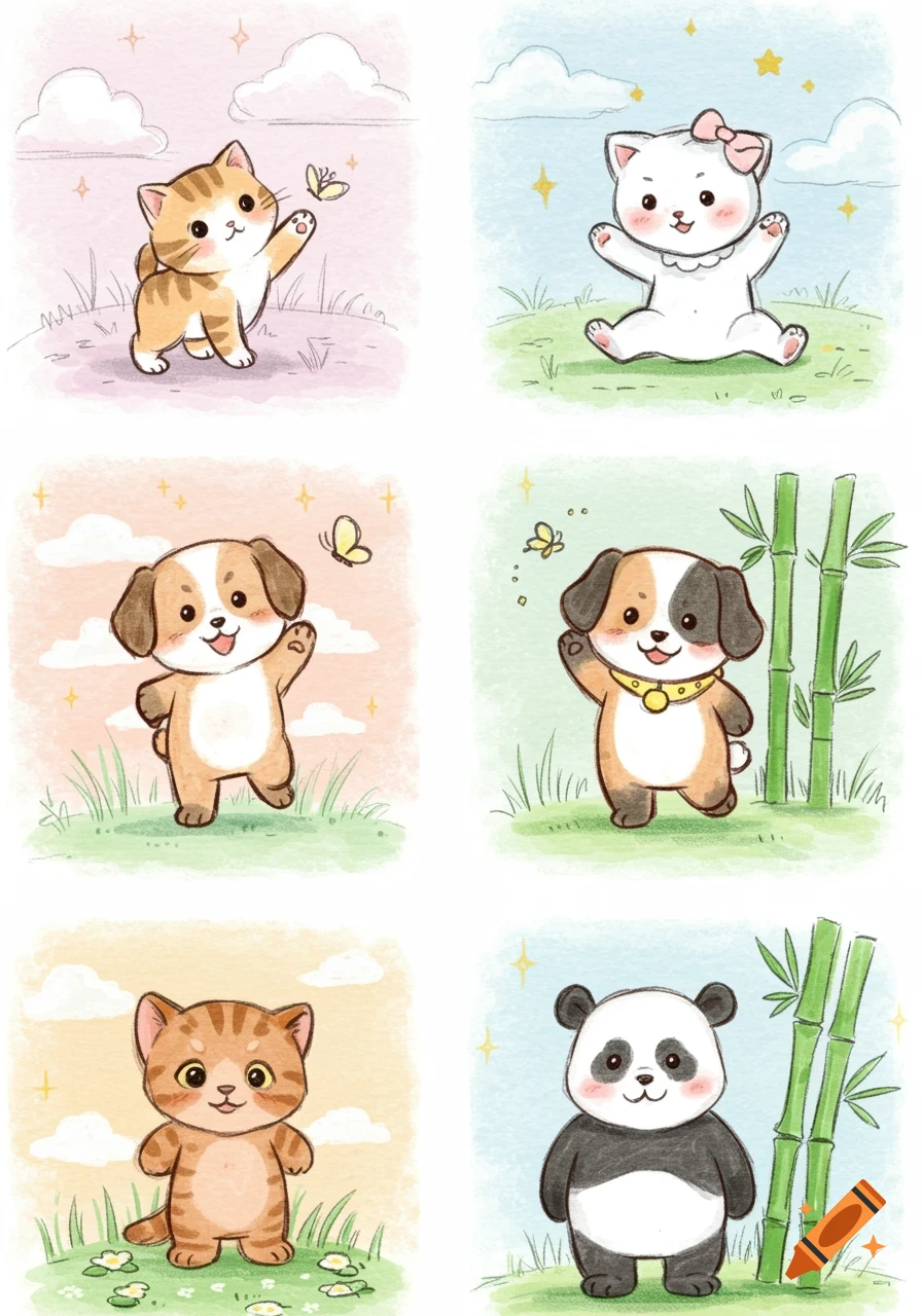 Six watercolor illustrations of cute cartoon animals including cats, dogs, and a panda, each in a different pose.