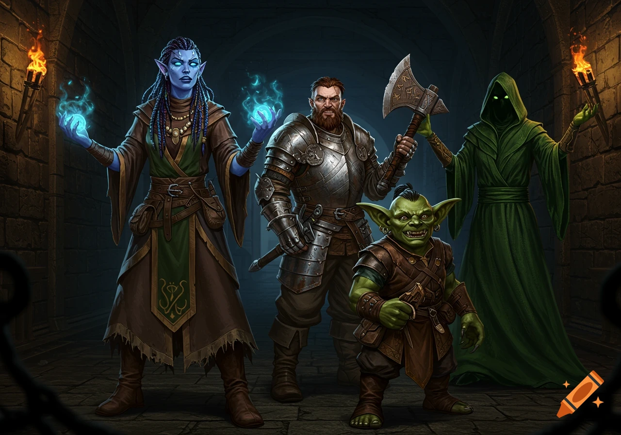 A group of fantasy adventurers: a blue elf sorceress, an armored human warrior, a green goblin, and a shadowy robed figure, stand in a torchlit dungeon.
