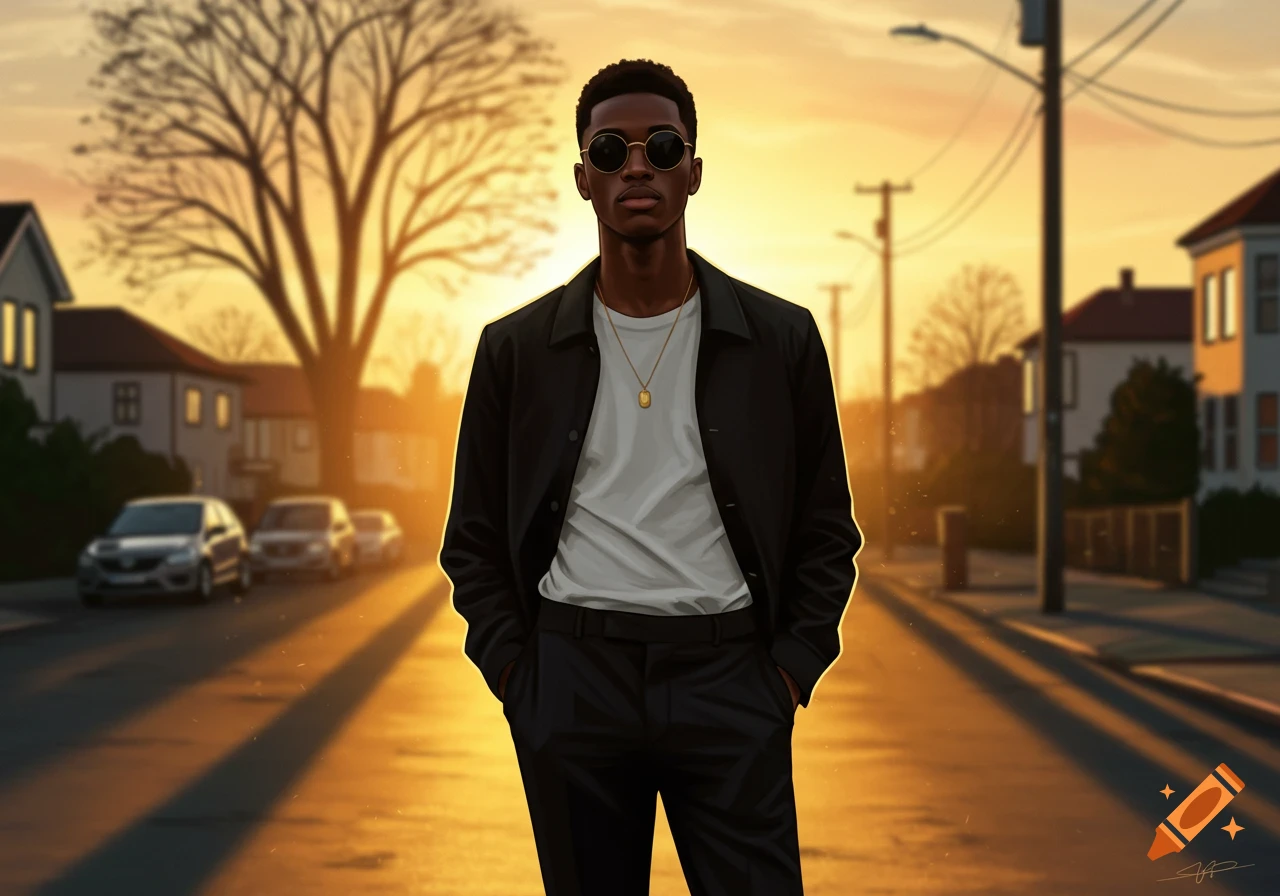 A stylish young Black man in sunglasses, jacket, and white t-shirt stands confidently on a golden lit residential street at sunset.