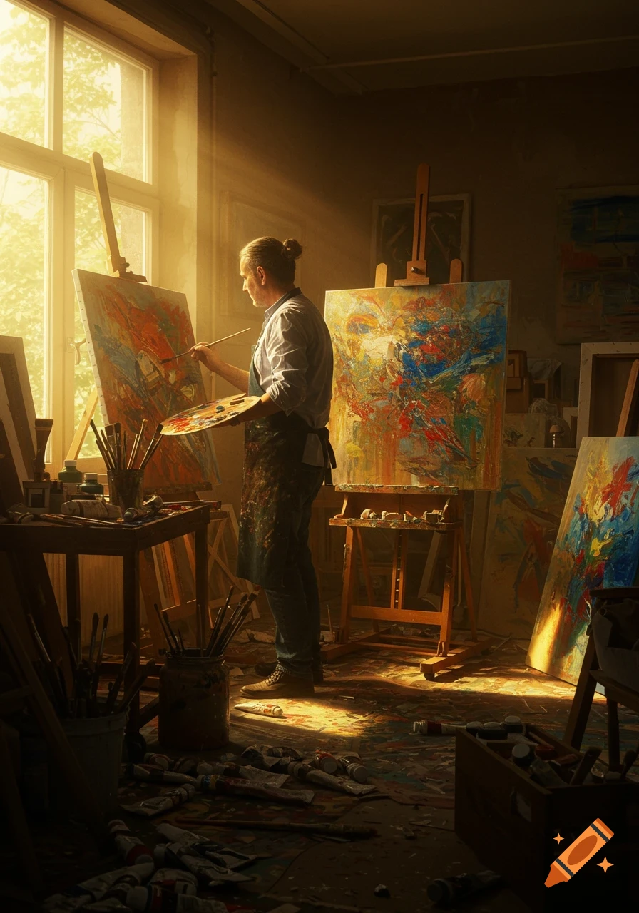 Photorealistic image of an artist painting an abstract canvas in a sunlit studio filled with art supplies.