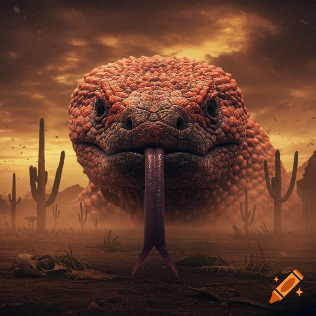 Close-up of a giant, scaly, reddish Gila monster-like creature with a purple tongue in a surreal desert landscape.