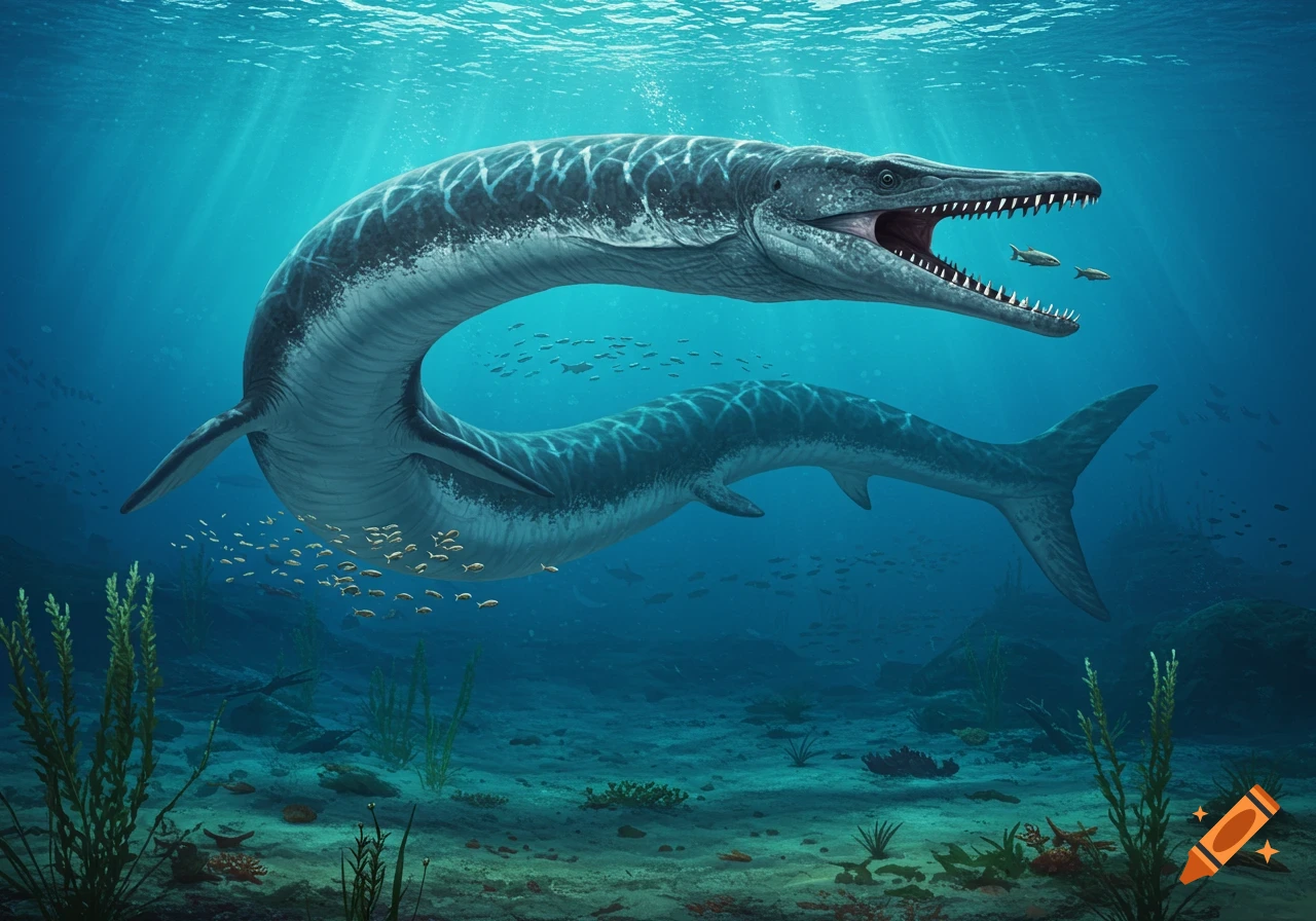A large Basilosaurus, a prehistoric marine reptile, swims underwater with its mouth open near schools of fish.