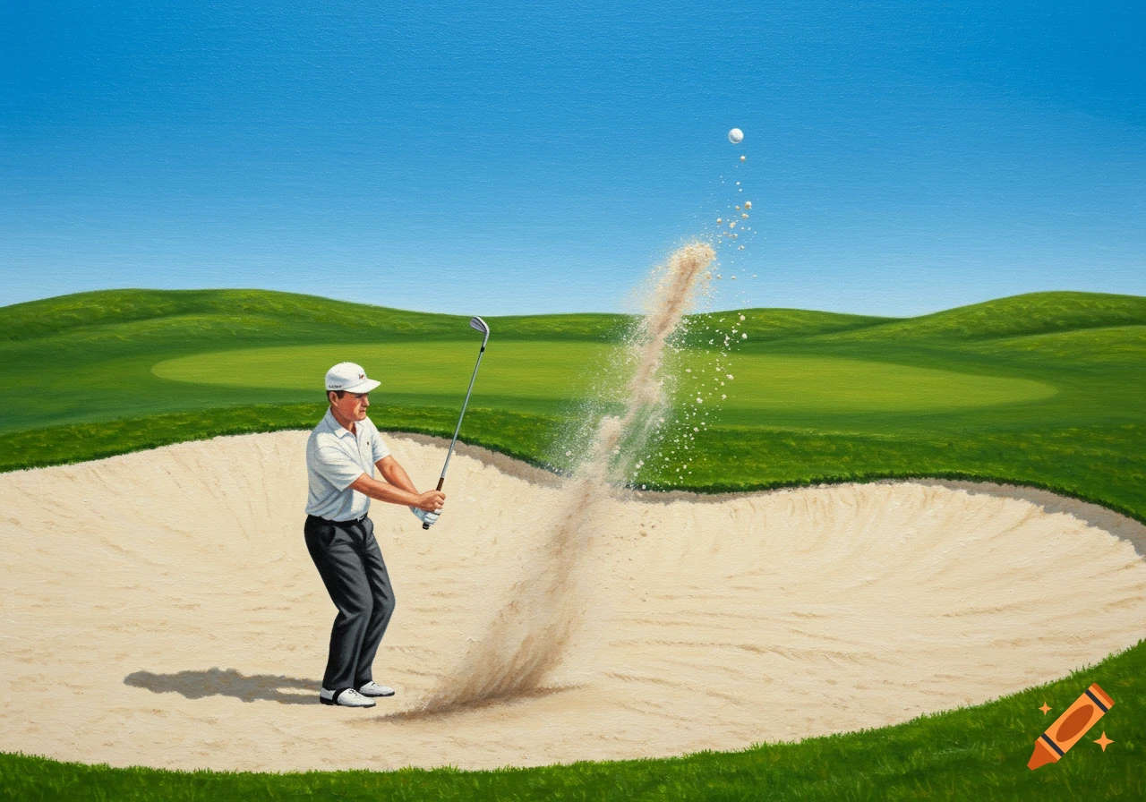 A golfer in a white cap and shirt hits a golf ball out of a sand bunker on a green course, in a Guy Billout drawing style.