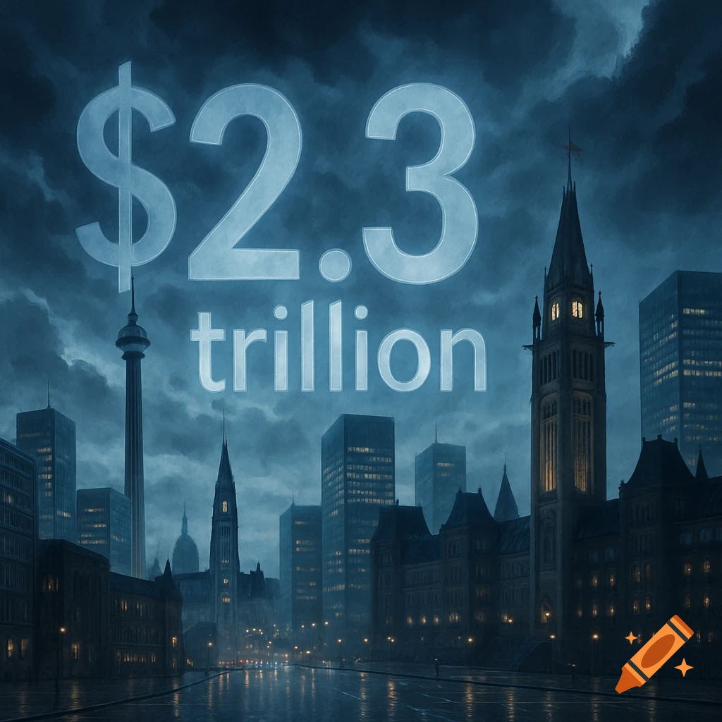 Moody night cityscape with glowing '$2.3 trillion' text above buildings including CN Tower and a parliament building.