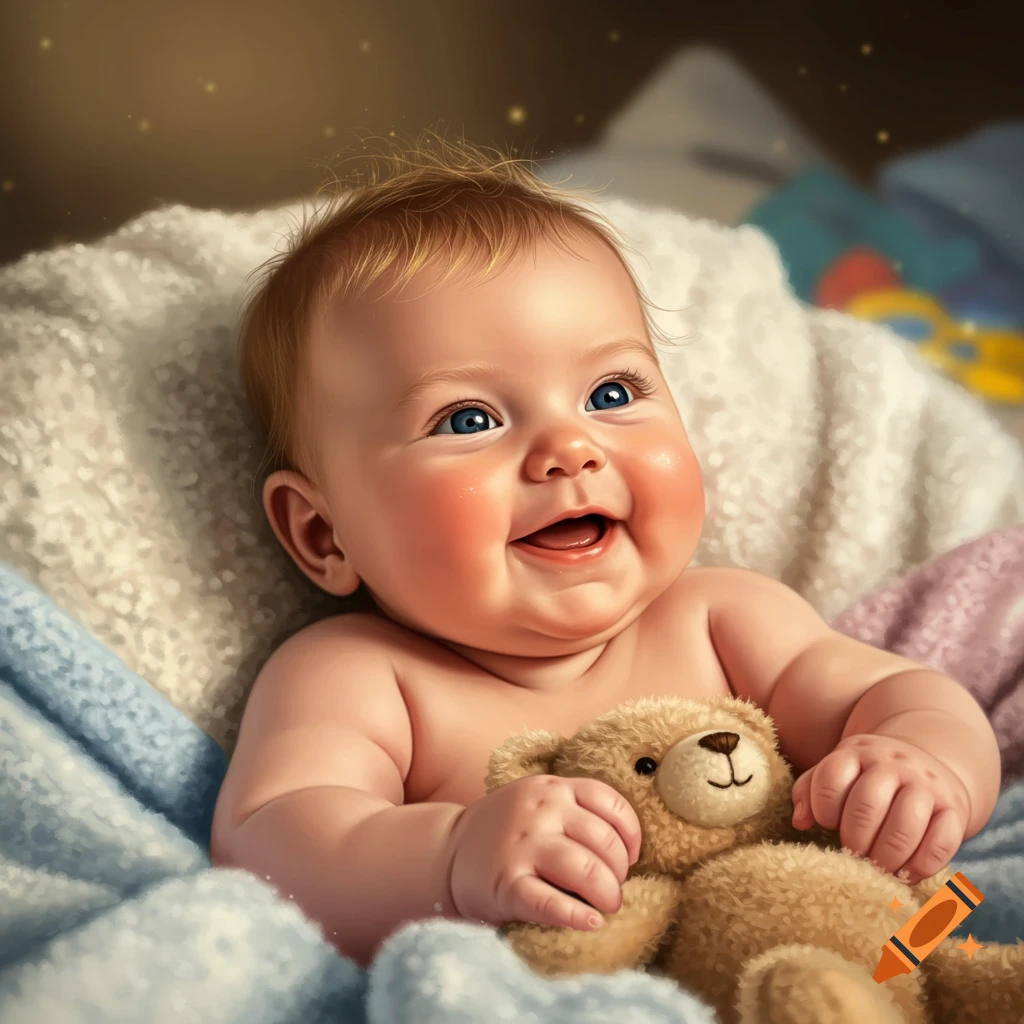 A cute, smiling baby with blue eyes and light hair, holding a teddy bear while lying on soft blankets.