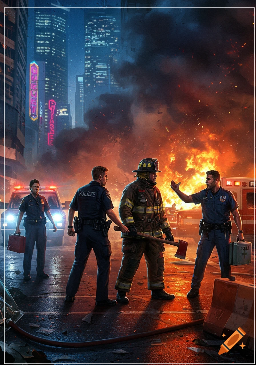 A firefighter, police officer, and paramedic stand in a chaotic city street engulfed in smoke and fire, with emergency vehicles in the background.