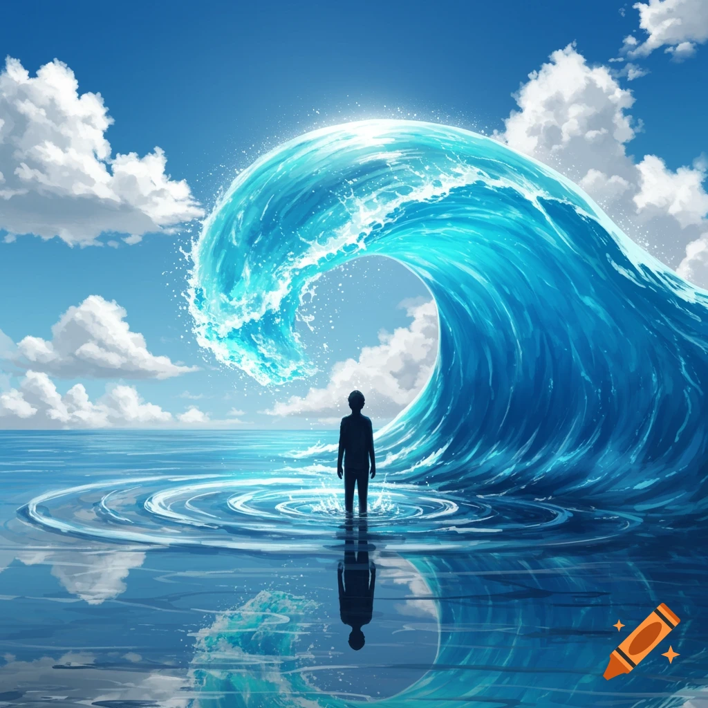 A silhouette of a person standing in the ocean as a massive, vibrant blue wave arches overhead, under a clear sky with clouds.