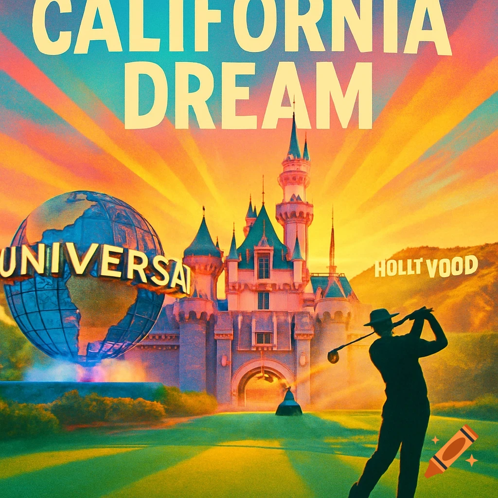 Colorful image of a castle, a large globe with "UNIVERSAL" text, and a golfer silhouette against a sunset with "CALIFORNIA DREAM" text and a mountain with "HOLLT VOOD" text.