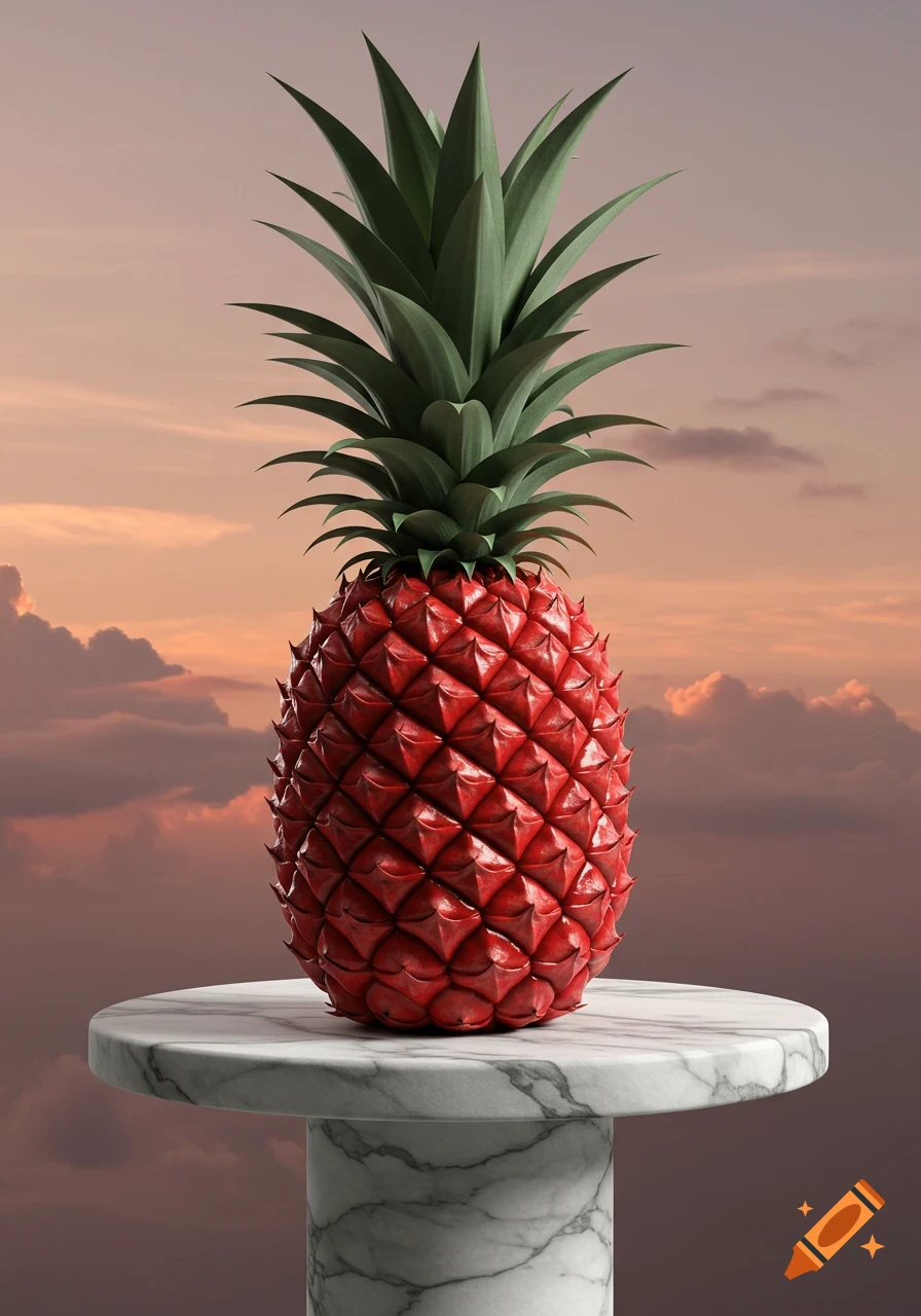 A vibrant red pineapple with green leaves sits on a white marble pedestal against a soft, cloudy sunset sky in a photorealistic style.