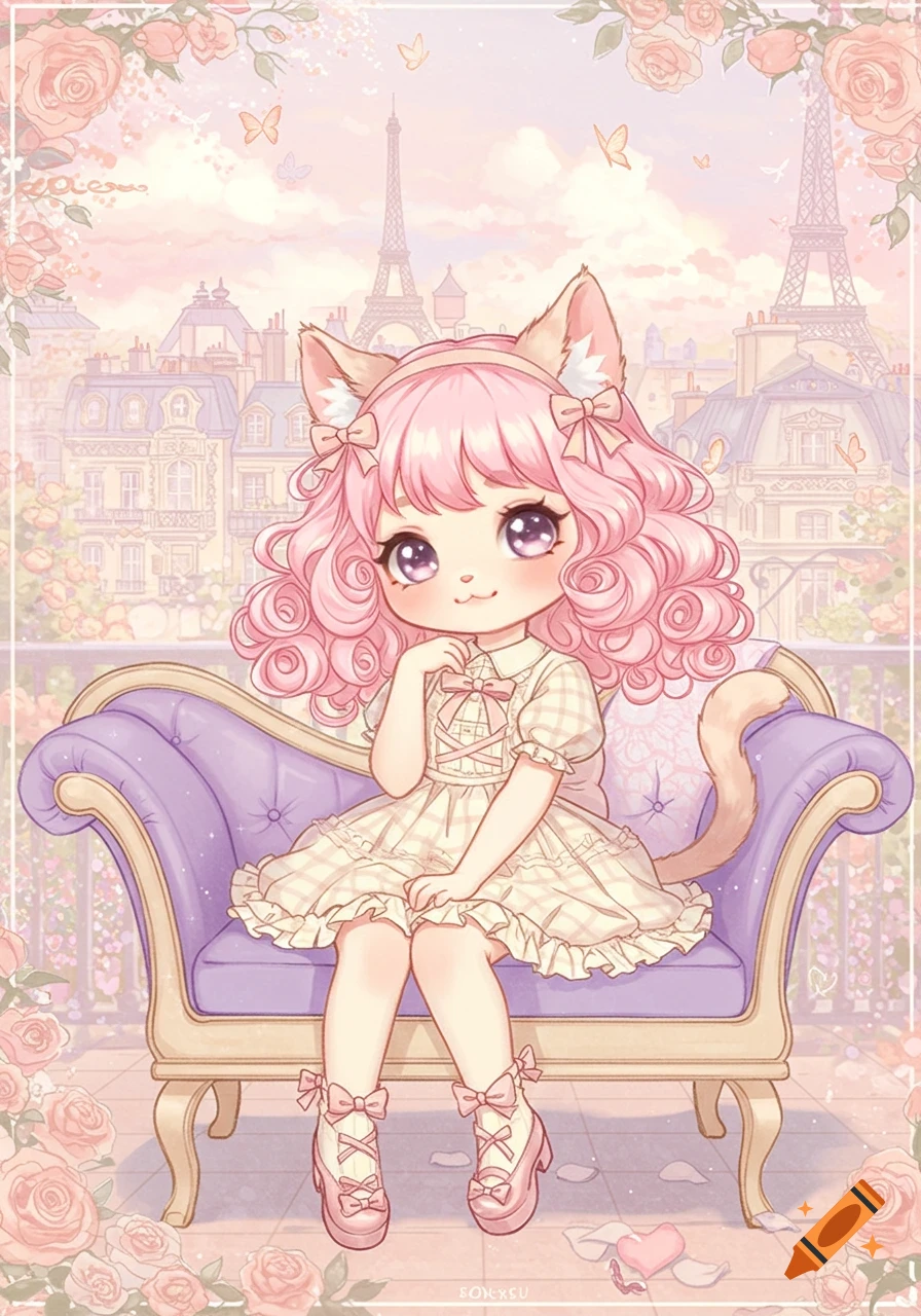 A cute anime cat girl with pink hair and cat ears sits on a purple couch, with Paris and the Eiffel Tower in the background, surrounded by pink roses.