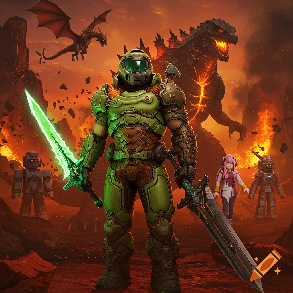 Doom Slayer with two swords in a fiery, hellish landscape, with Godzilla, a dragon, Roblox characters, and an anime girl.