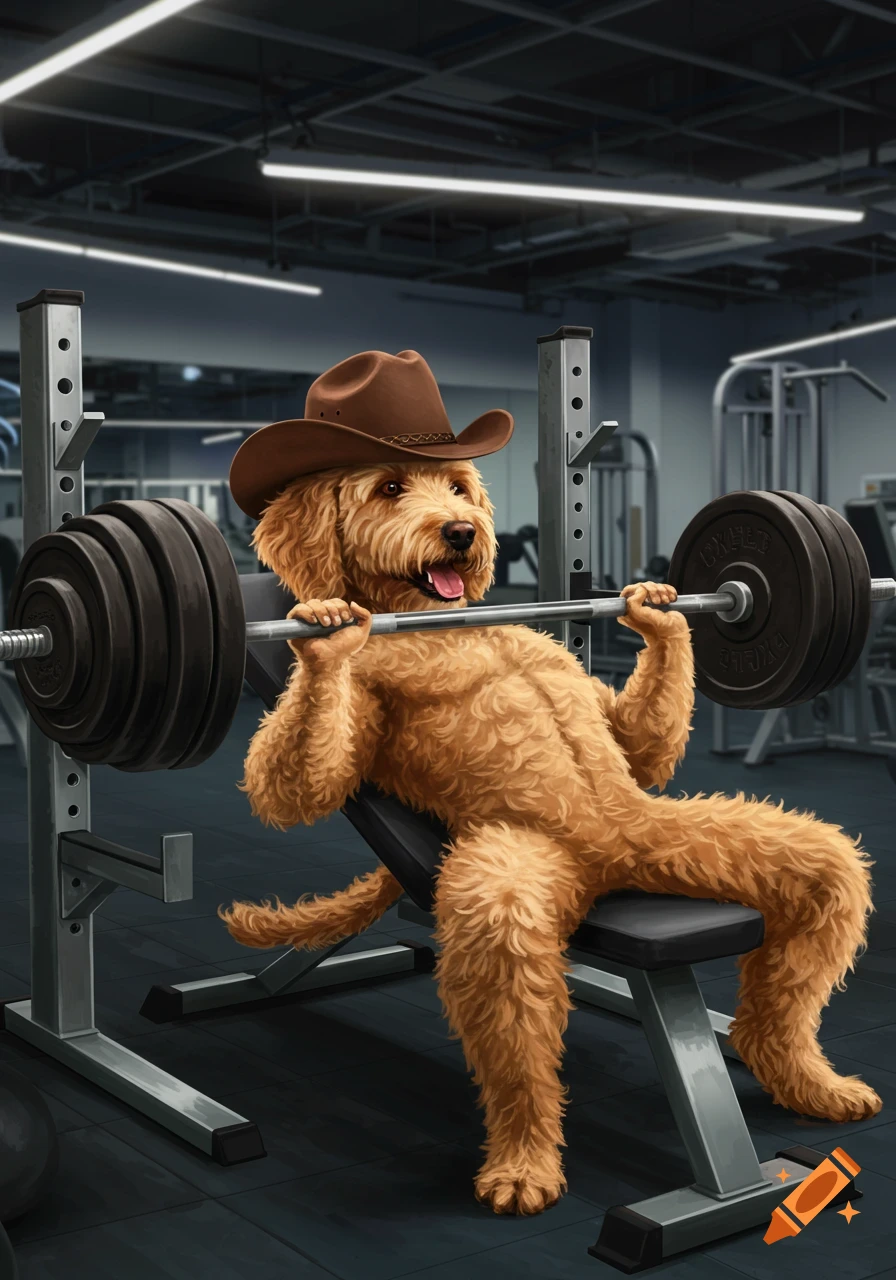 A muscular Labradoodle wearing a cowboy hat bench presses weights in a gym.