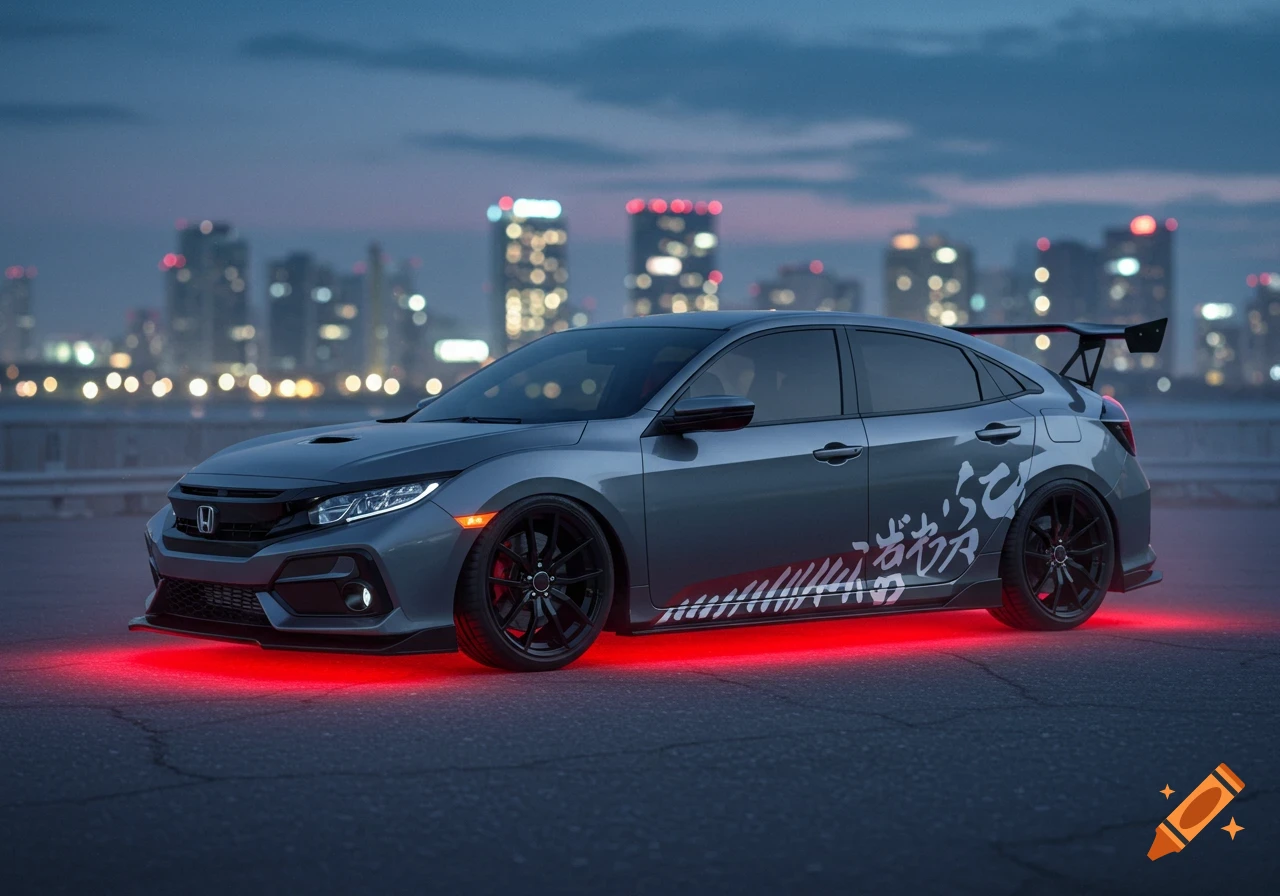 A gray Honda Civic Type R with black wheels, a spoiler, and glowing red underlights is parked on asphalt at dusk, with a blurred city skyline in the background.