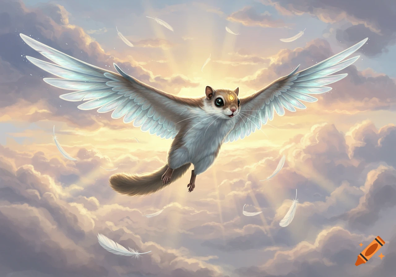 A cute winged flying squirrel soars through sunlit clouds with feathers drifting around it, in a fantastical art style.