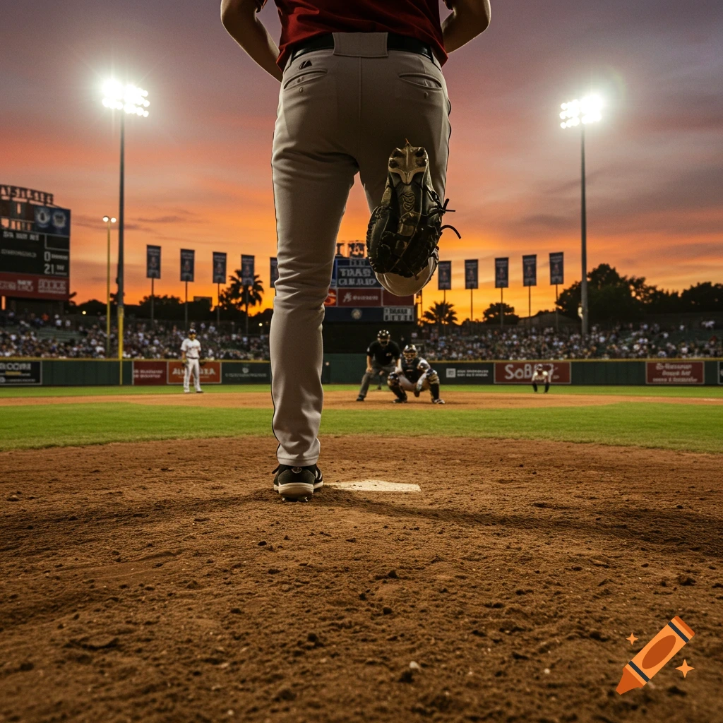 A baseball pitcher stands on the mound at sunset, viewed from behind, with a catcher and batter in the distance.