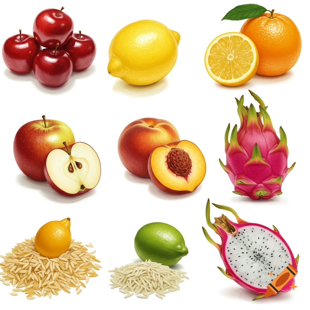 A collage of photorealistic fruits including apples, lemons, oranges, peaches, dragon fruit, and limes, alongside piles of rice.