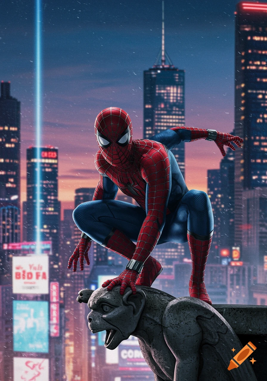 Spiderman crouches on a stone gargoyle on a city skyscraper, overlooking a futuristic cityscape with glowing signs and a blue light beam at dusk.