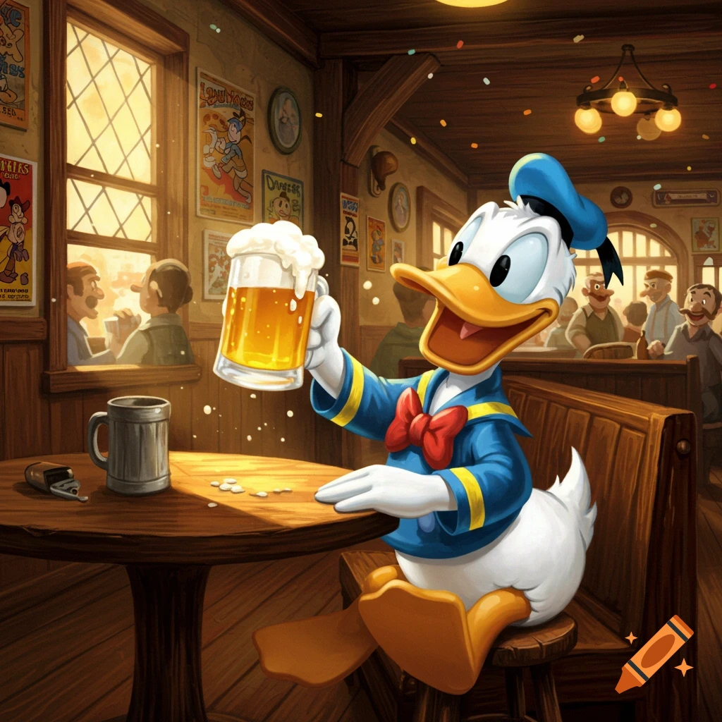 Donald Duck in a detailed digital painting, sitting at a wooden table in a cozy pub, holding up a foamy glass of beer.