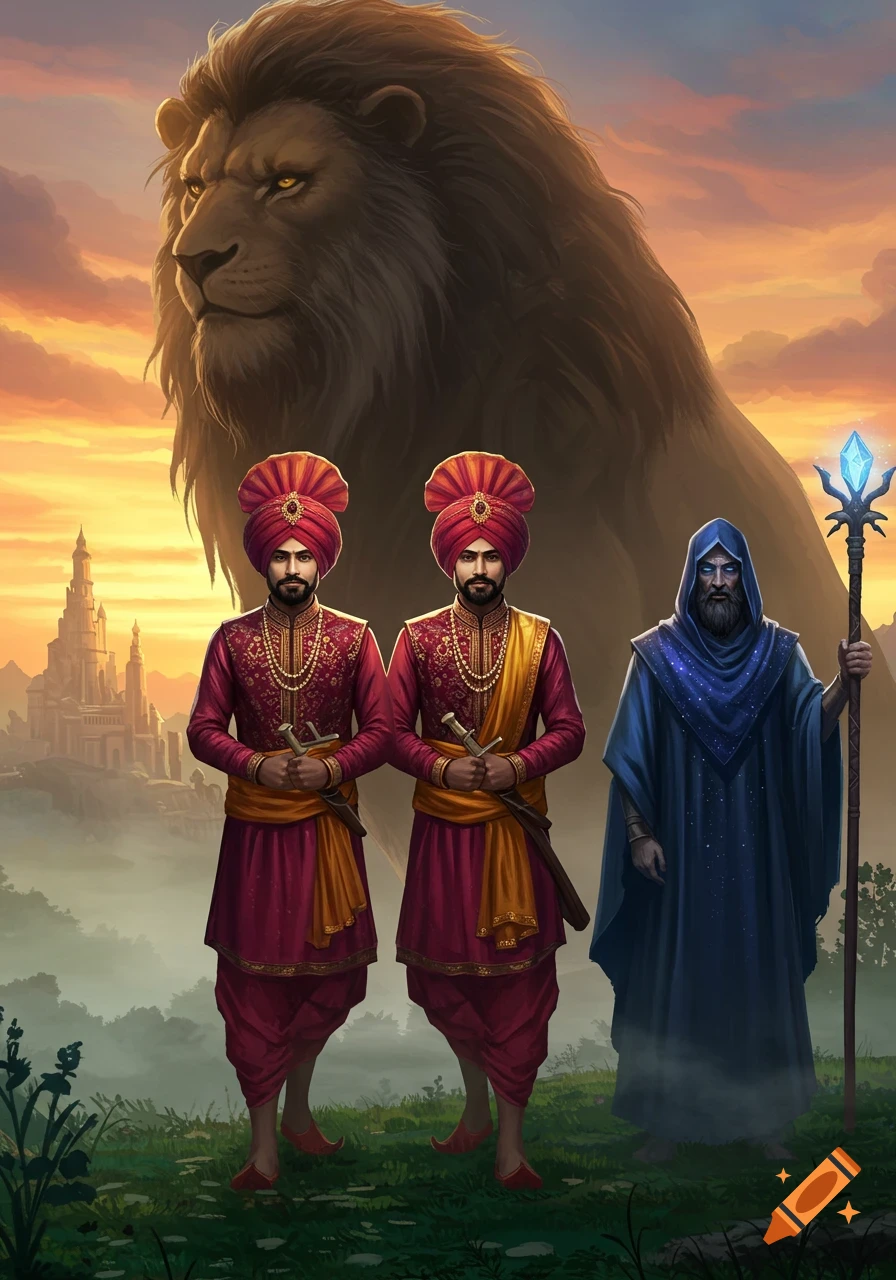 Two men in red and gold traditional attire holding daggers stand with a wizard holding a glowing staff, in front of a giant lion and a distant castle at sunset.