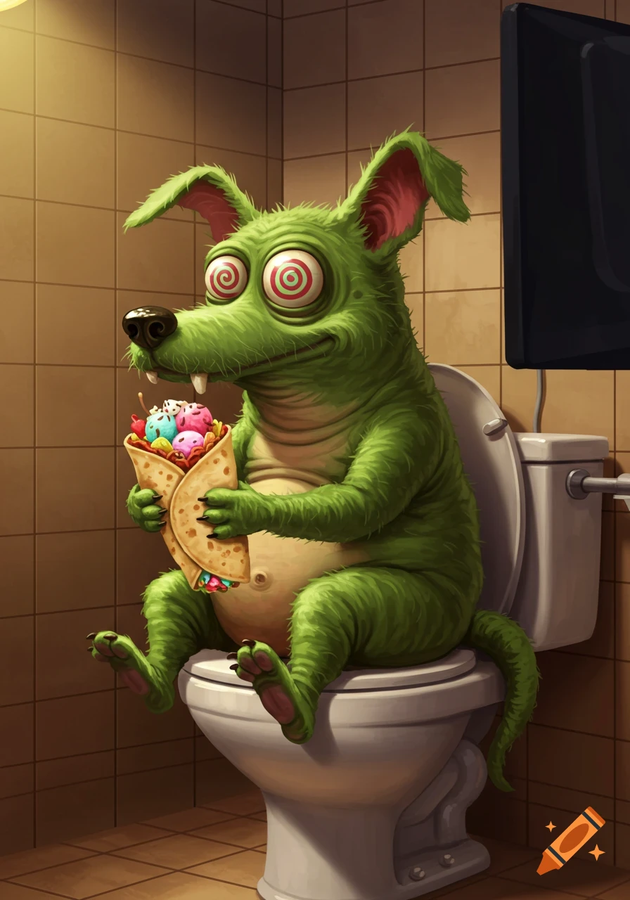 A furry green dog-like creature with spiral googly eyes sits on a toilet, eating a large burrito filled with colorful ice cream scoops.