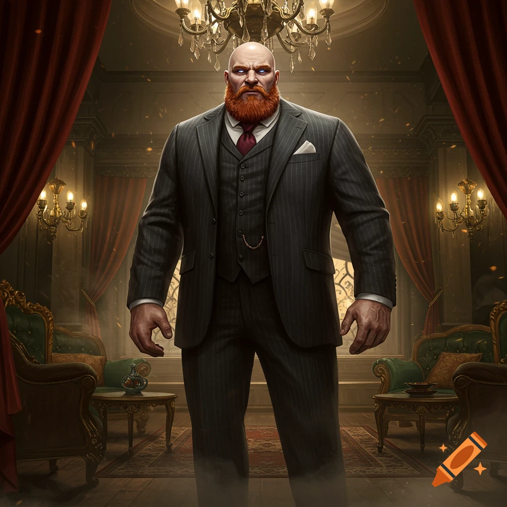 A powerfully built, bald man with a red beard and piercing eyes stands in a dark Victorian-era room, wearing a pinstripe suit.