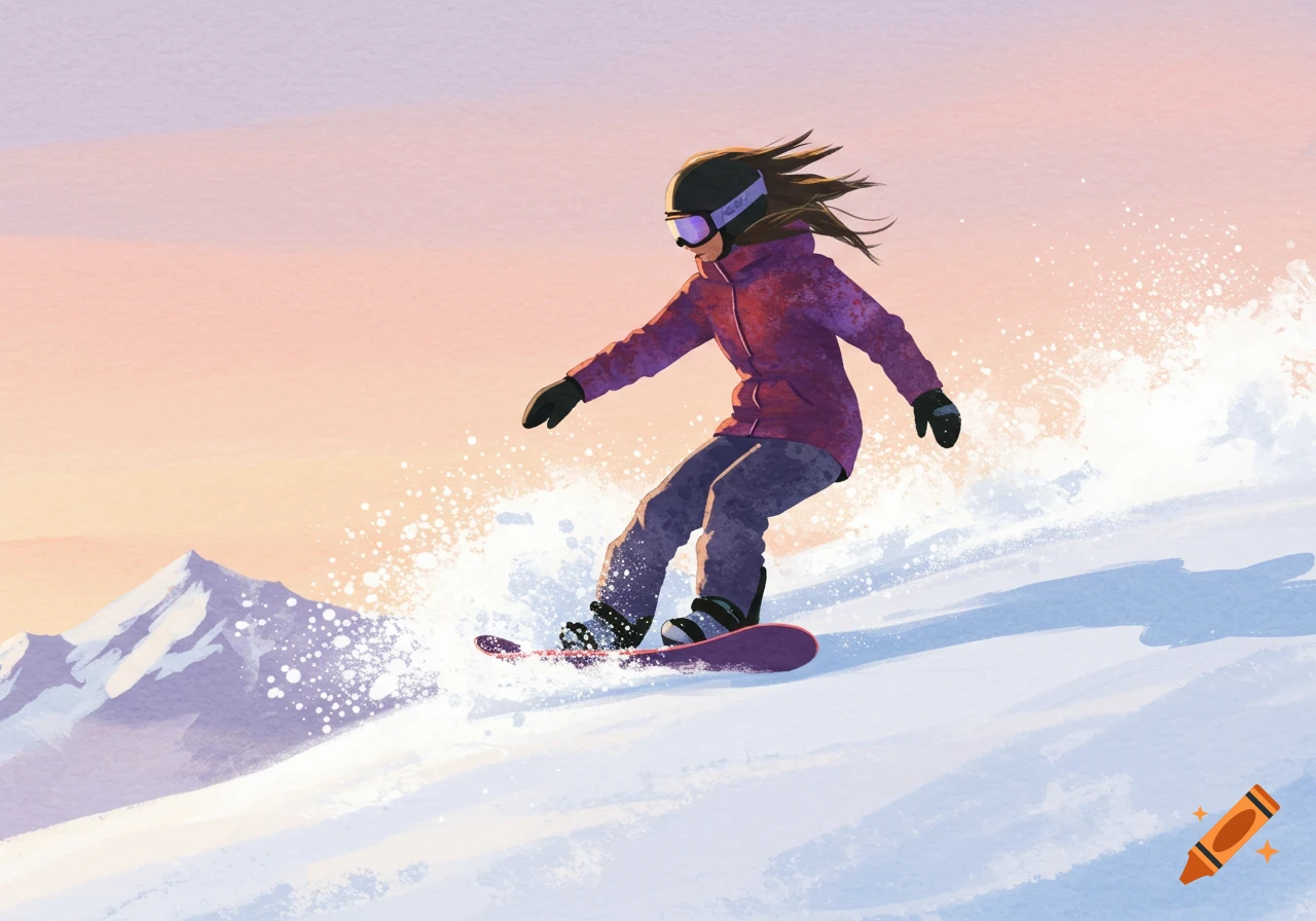 Watercolor illustration of a female snowboarder on a snowy mountain slope during sunset.