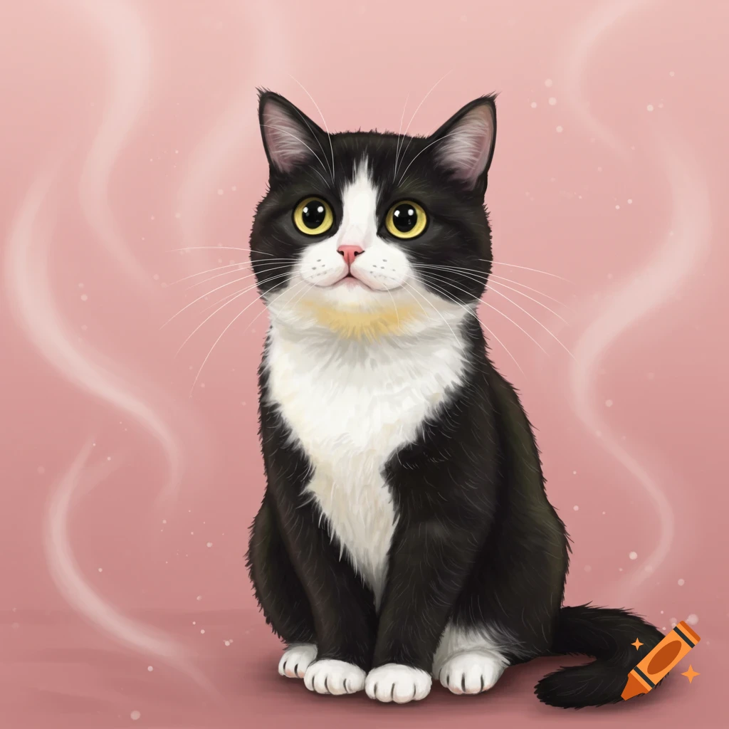 A happy black and white cat with big yellow eyes sits facing forward on a light pink background with subtle white wisps.