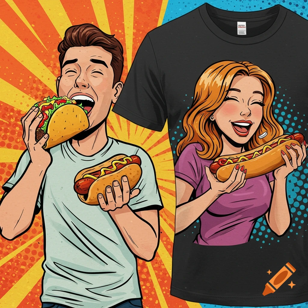 Pop art illustration of a man eating a taco and a hot dog, and a woman eating a hot dog on a black t-shirt, set against a red and blue comic book background.