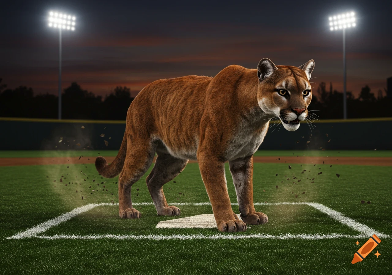 A photorealistic cougar stands on a baseball field at night under bright stadium lights.