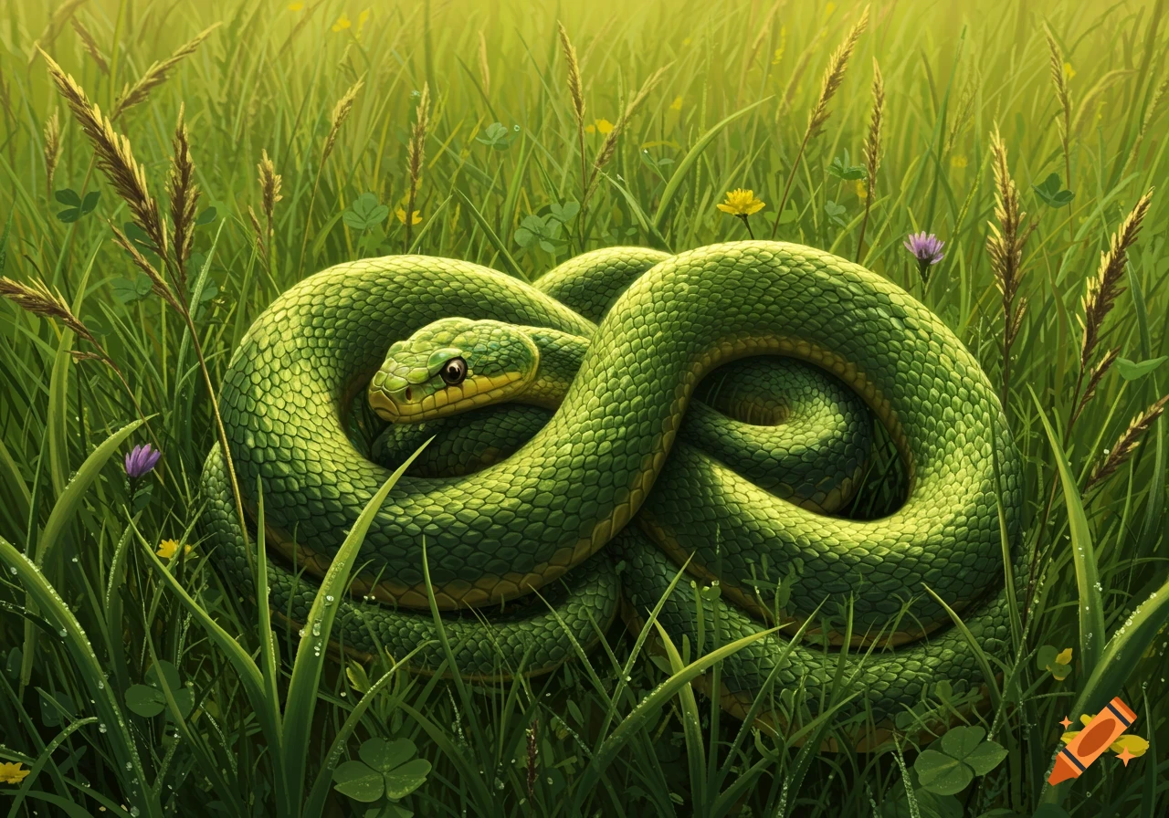 A coiled green snake nestled in tall green grass with small flowers.