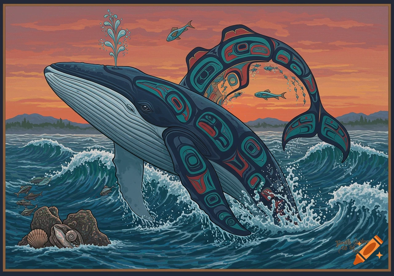 A large whale breaches out of ocean waves at sunset, adorned with red, blue, and black Native American-inspired patterns.