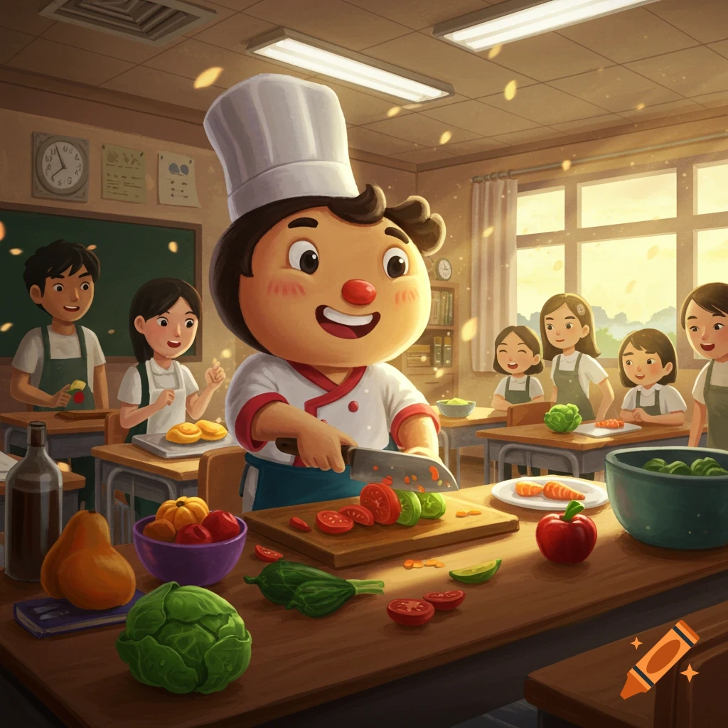 A smiling cartoon chef mascot cuts vegetables on a chopping board in a bright classroom, surrounded by children learning to cook.