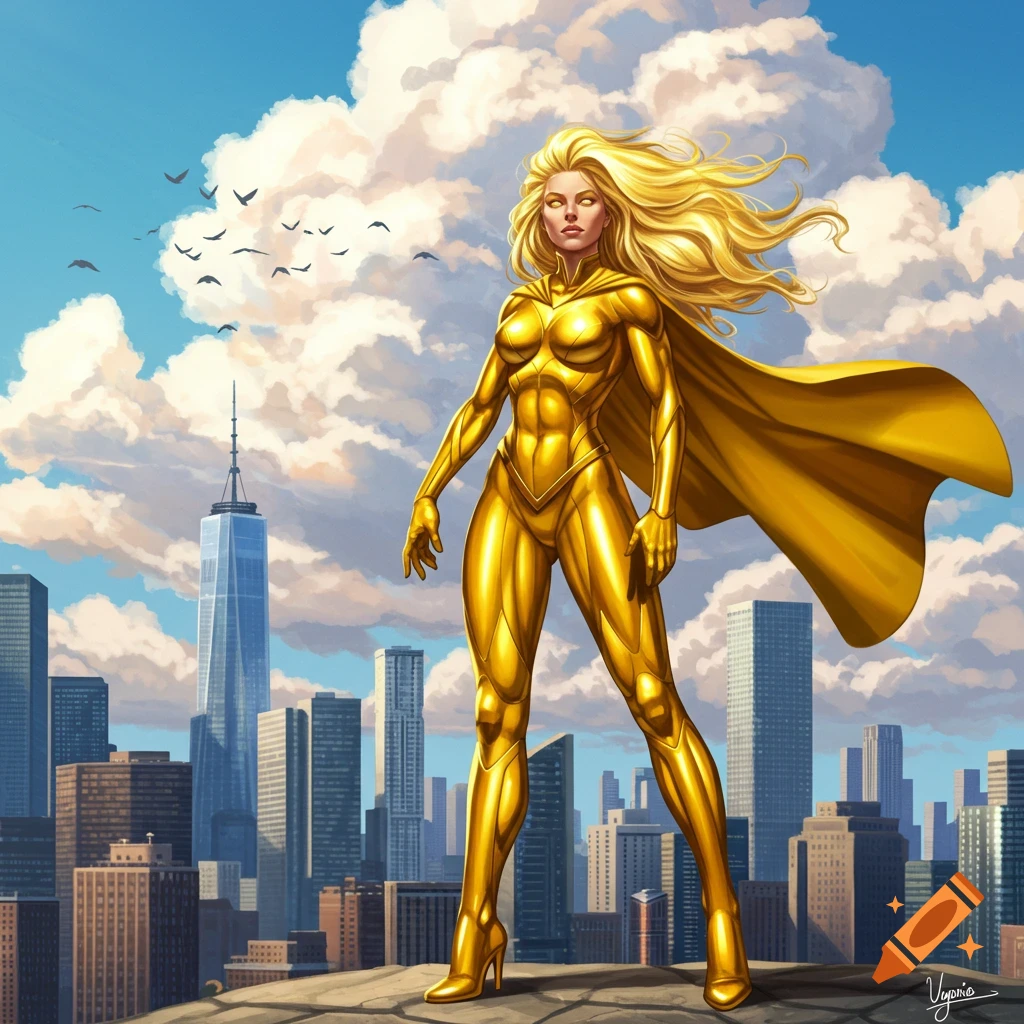 A blonde female superhero in a golden suit and cape stands on a building overlooking a city skyline.