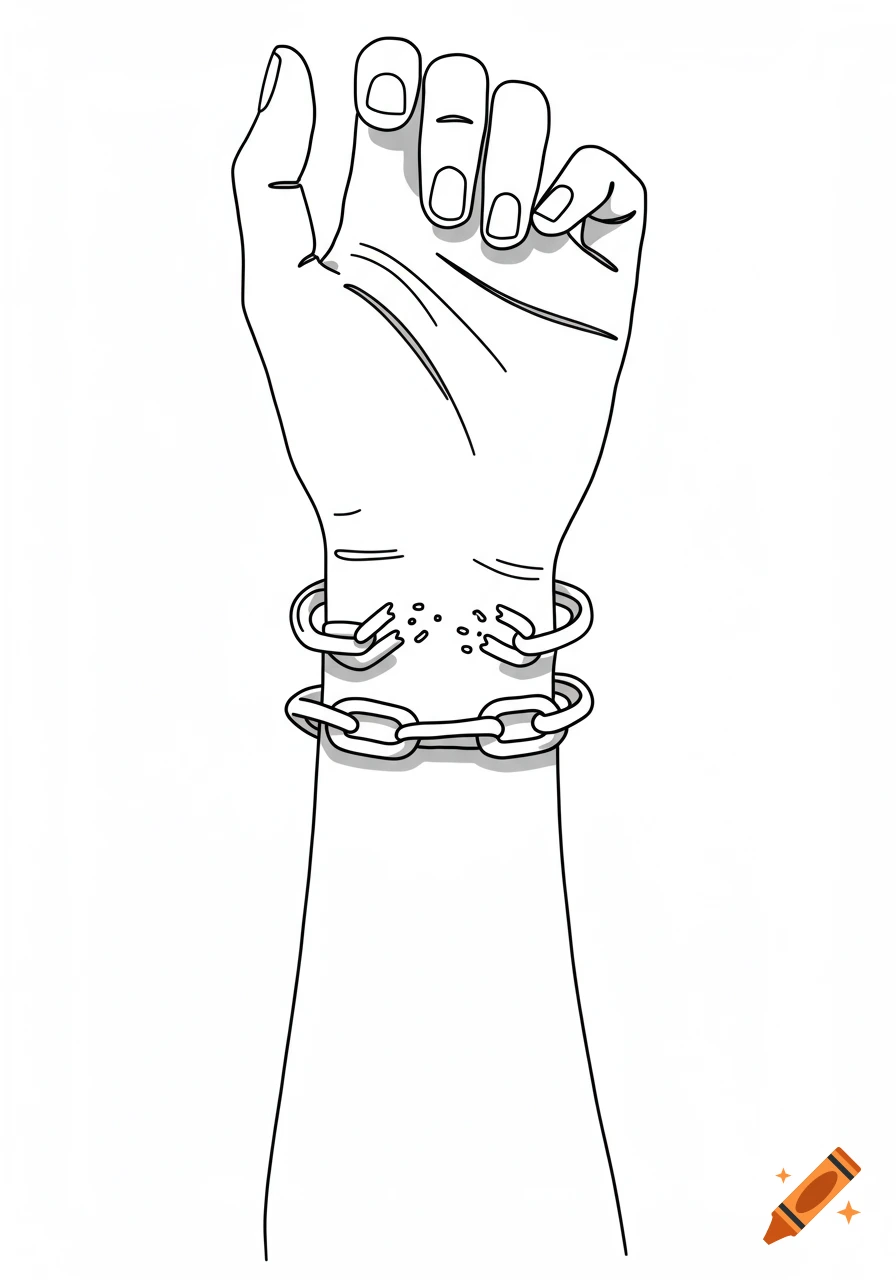 Black and white line drawing of an arm with a loosely fisted hand, breaking free from shattered chains around the wrist.