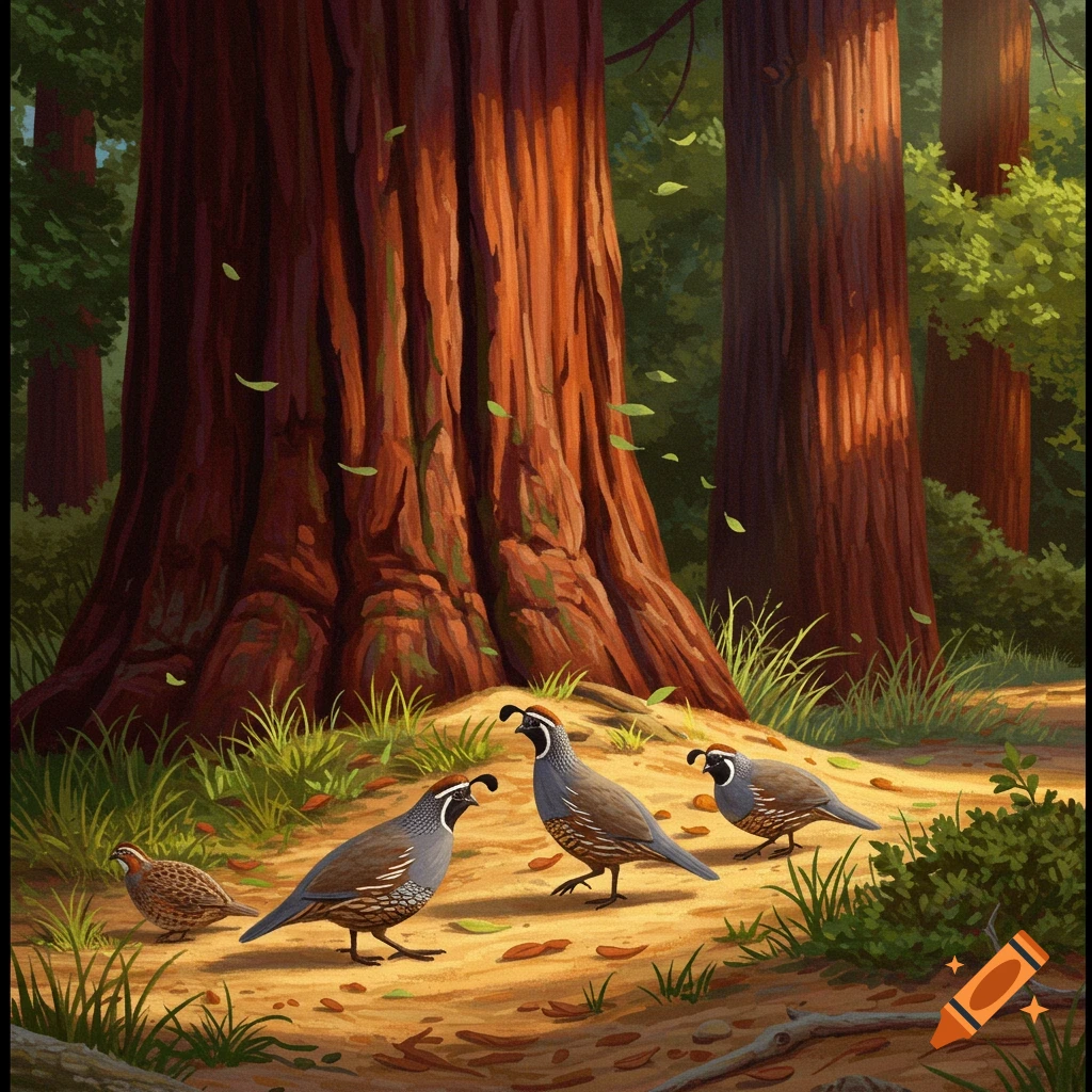 Four California quails stand on a dirt path in a sunny redwood forest with green foliage and falling leaves.
