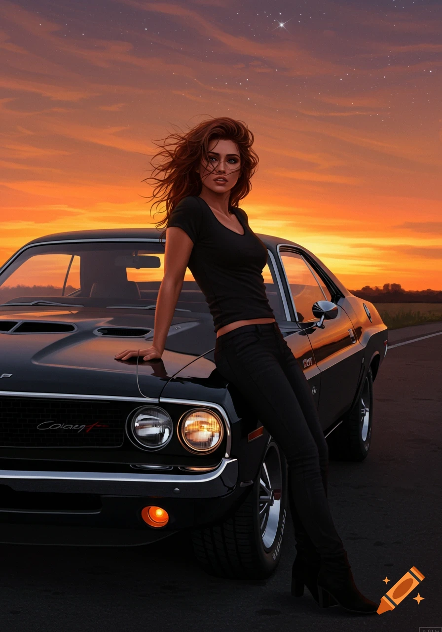 A woman with flowing hair leans on a classic black muscle car at sunset on a country road, photorealistic.