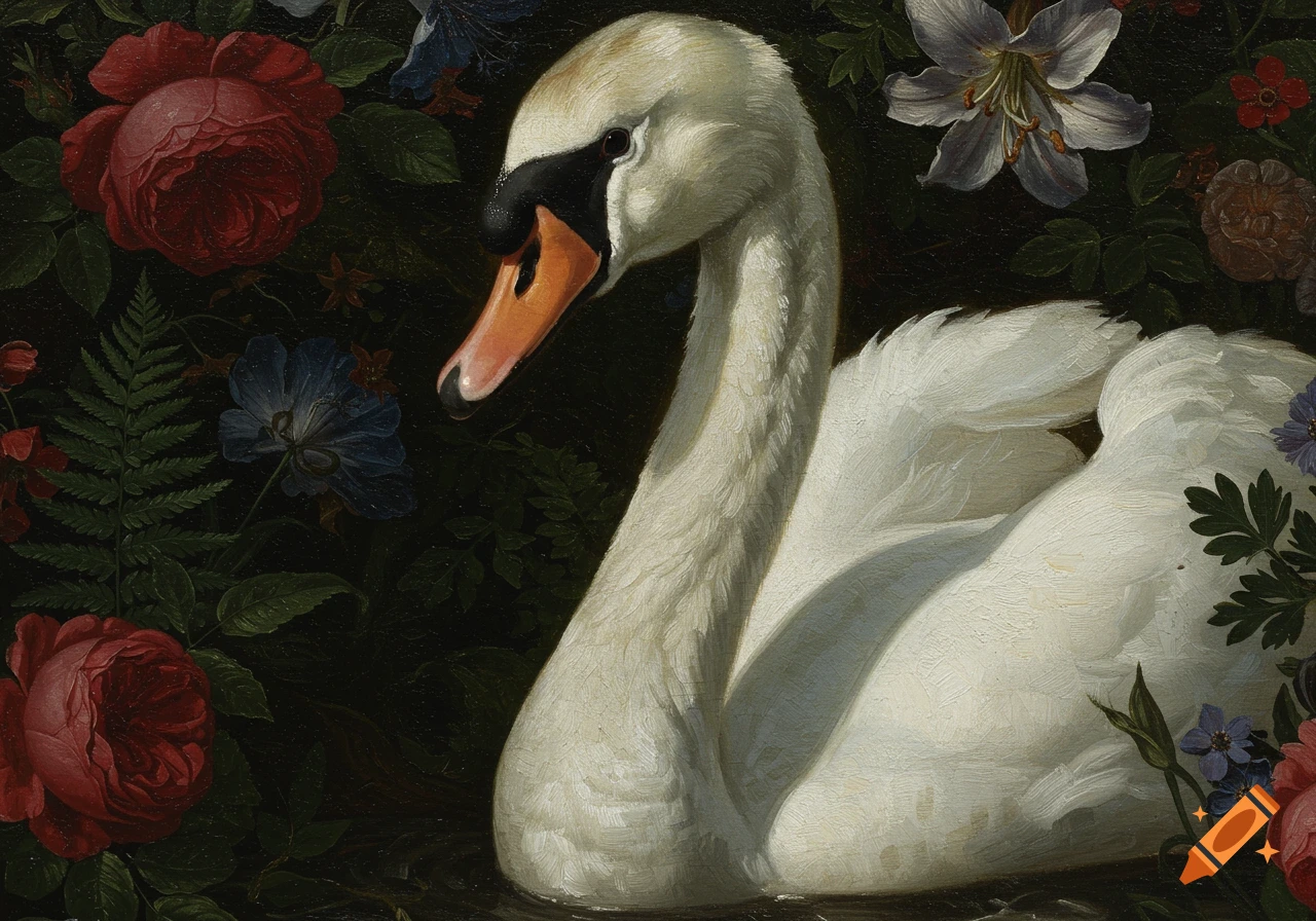 A Victorian-era oil painting of a white swan with an orange beak amidst dark red and blue flowers.