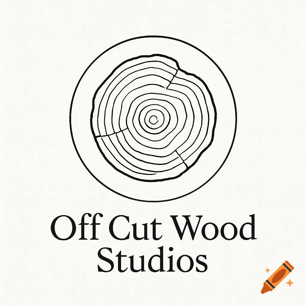 A minimalist line drawing logo featuring a cross-section of a tree trunk with rings inside a circle, above the text "Off Cut Wood Studios" in a serif font.