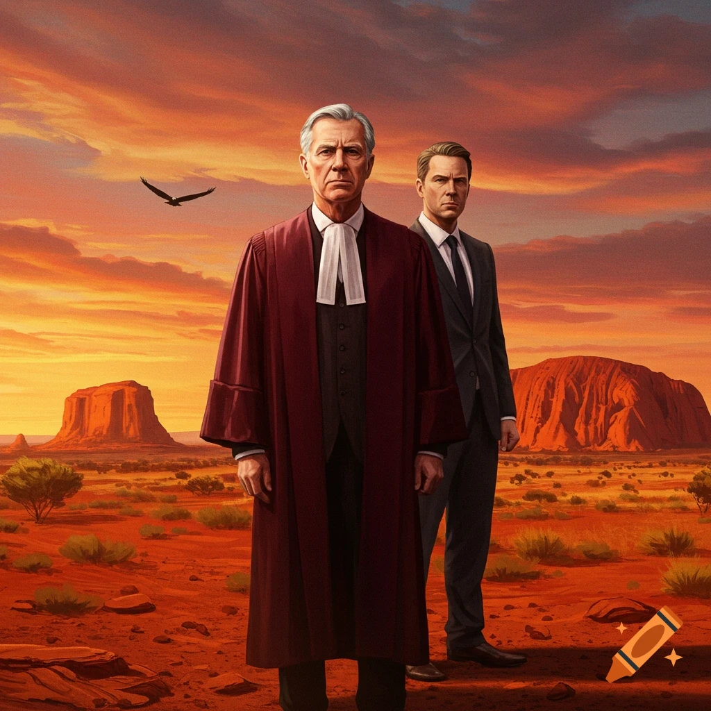 A judge and a lawyer stand sternly in the Australian Outback, with red rock formations and an eagle flying under an orange sunset.