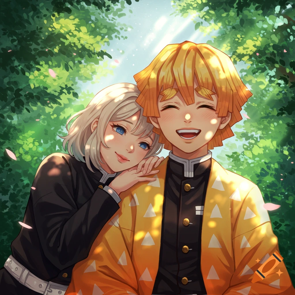 An anime-style image of a blonde woman resting on Zenitsu Agatsuma's shoulder in a lush, sunlit forest.