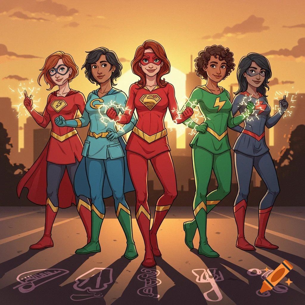 Five diverse cartoon female superheroes in colorful suits with lightning powers stand in a city at sunset.