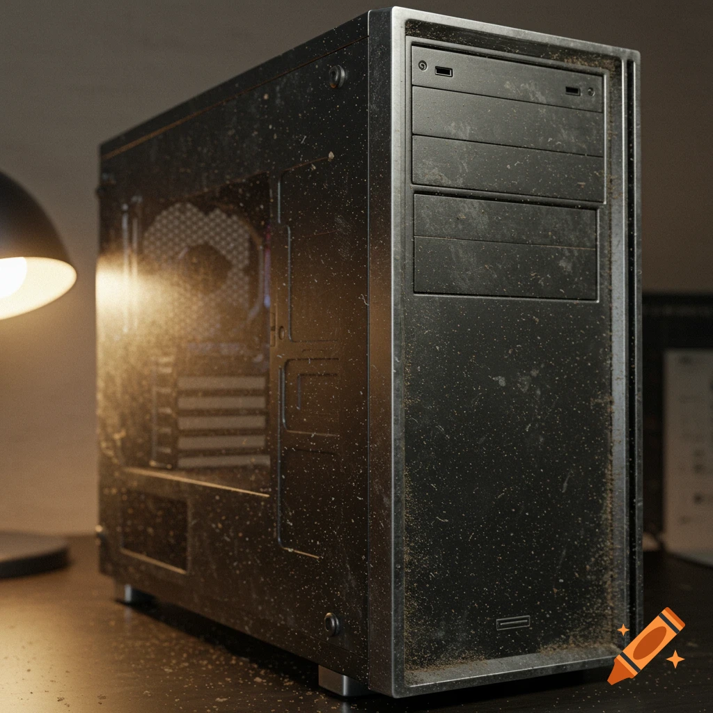 A photorealistic image of a dusty black desktop computer case on a dark desk, illuminated by a lamp.