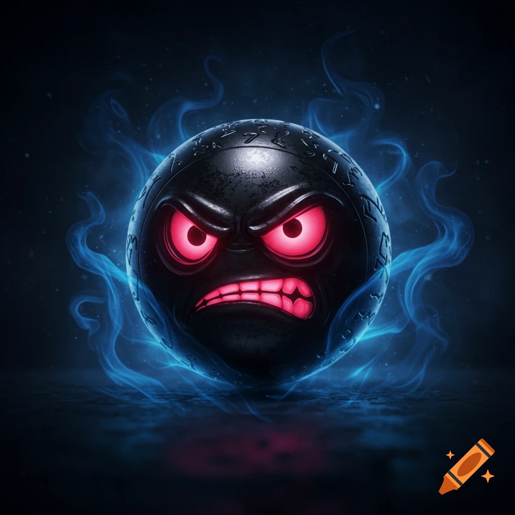 A dark, textured sphere resembling a magic eight ball, with glowing red angry eyes and mouth, surrounded by wisps of blue smoke.