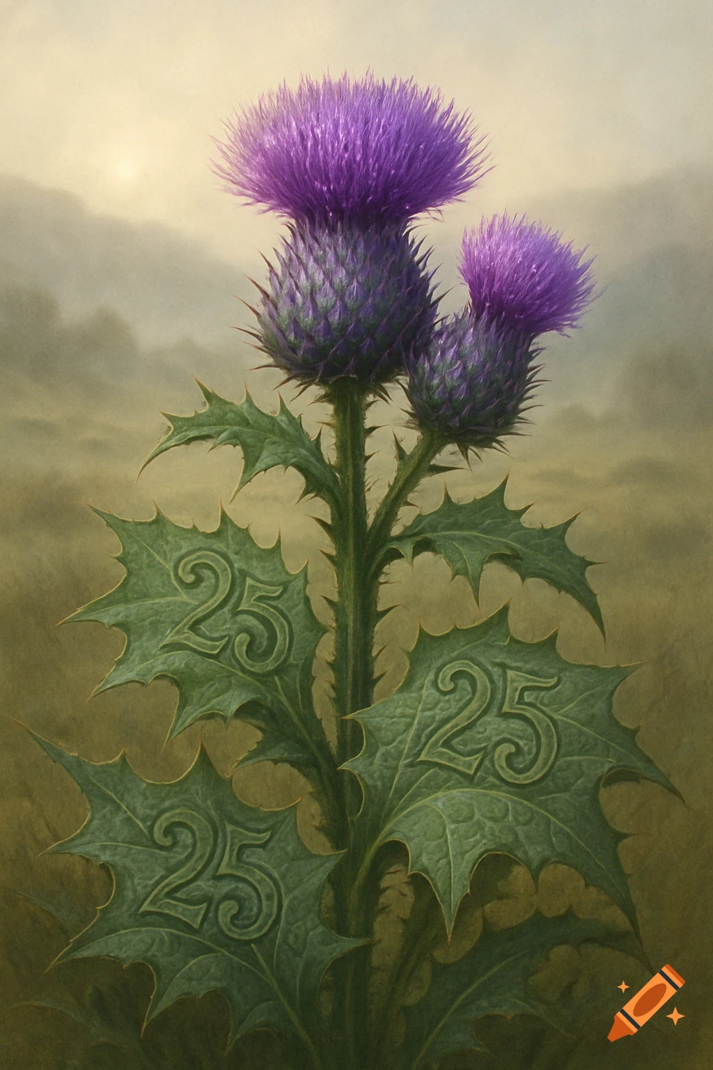 A detailed painting of a purple Scottish thistle plant with the number 25 carved into several green leaves.