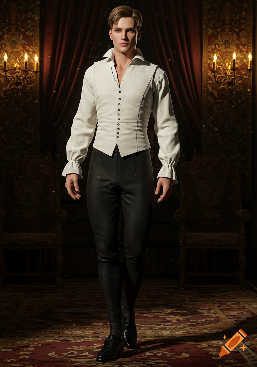 A full-body shot of a fair-skinned man in a white ruffled shirt and black fitted pants, standing in a dimly lit, ornate room.